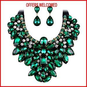 Crystal Statement Necklace Earrings Set, Adjustable Costume Jewelry